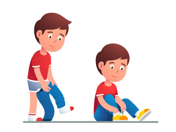Boy kid dressing up or changing pants. Child put up clothes by himself. Guy lacing his shoes. Children undressing and dressing confidently. Flat vector illustration Boy kid dressing up or changing pants. Child put up clothes by himself. Guy lacing his shoes. Children undressing and dressing confidently. Flat style vector character isolated illustration getting dressed stock illustrations