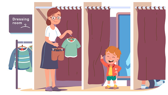 Boy kid trying on clothes in shop dressing room, mother holding t-shirt, shorts on hangers. Child son, mom buying clothes together. Family shopping in clothing store. Flat vector dresser illustration