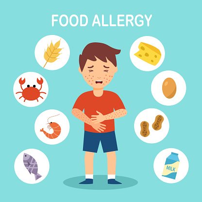Boy kids having food allergy symptom to products like seafood, gluten, egg, peanut and milk in flat design. Child got red spots on his skin.