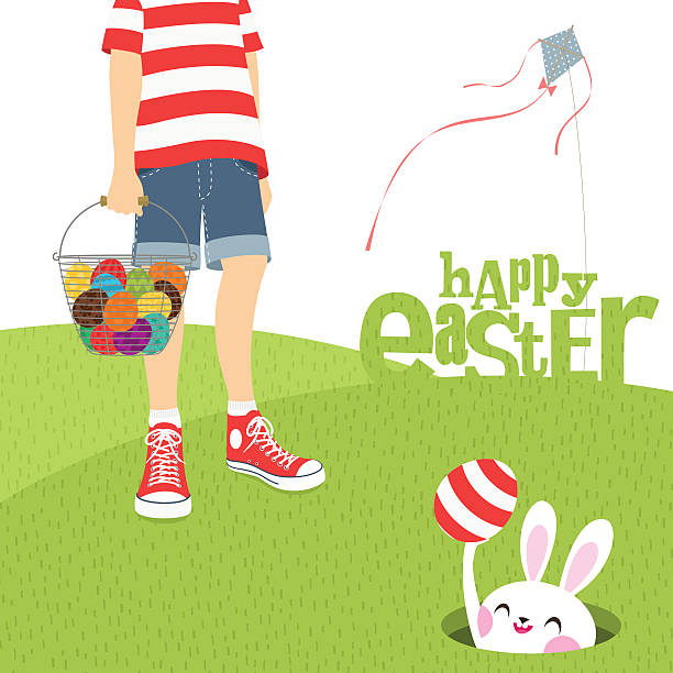boy kite and Easter bunny vector art illustration
