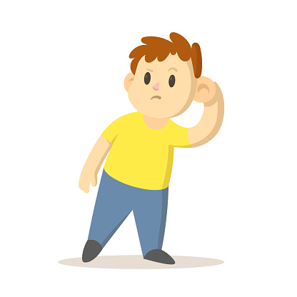 Boy listening carefully with hand to his ear, cartoon character design. Flat vector illustration, isolated on white background.