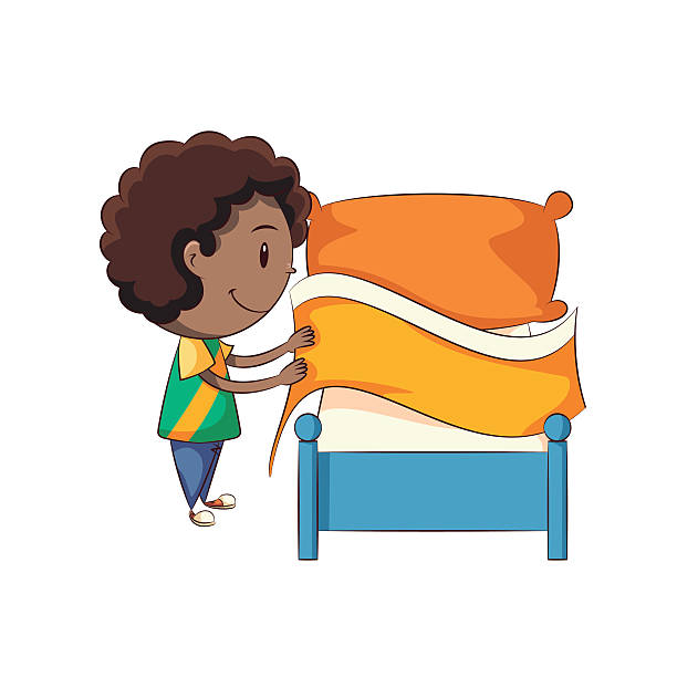 Boy making bed Child making bed, cute kid, housework, chores,  happy cartoon character, vector illustration, isolated, white background bed furniture clipart stock illustrations