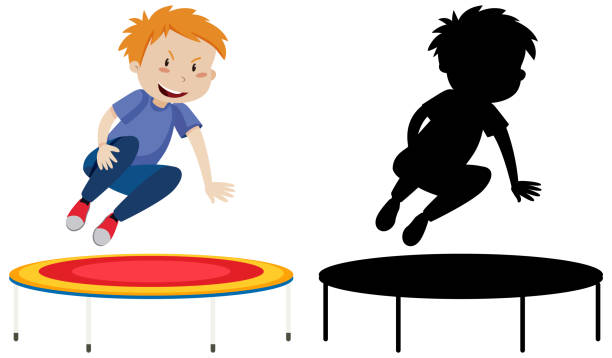 Boy on trampoline cartoon character Boy on trampoline cartoon character illustration clip art of kid jumping on trampoline stock illustrations