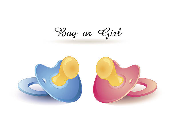 „Boy or Girl“  Congratulations Card two baby's dummy red and blue isolated twins stock illustrations