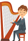 Boy Playing Harp, Talented Young Harpist Character Playing Acoustic String Musical Instrument, Concert of Classical Music Vector Illustration on White Background.