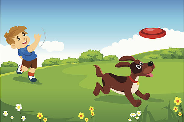 Boy playing with his dog A vector illustration of handsome little boy playing with his dog in the park frisbee clipart stock illustrations