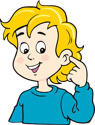 Boy pointing to ear. Illustration for naming face and body parts.