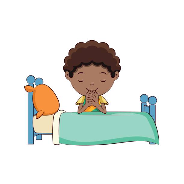 Boy praying bed Child praying on bed, cute kid, pray, petition, faith, expression, giving thanks, bedroom, happy cartoon character, young man, person, vector illustration, isolated, white background bed furniture clipart stock illustrations
