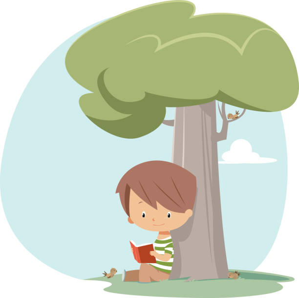 ilustrações de stock, clip art, desenhos animados e ícones de menino ler debaixo da árvore - kid reading outside