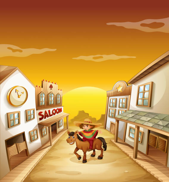 stockillustraties, clipart, cartoons en iconen met boy riding in a horse outside the saloon - sunset dining