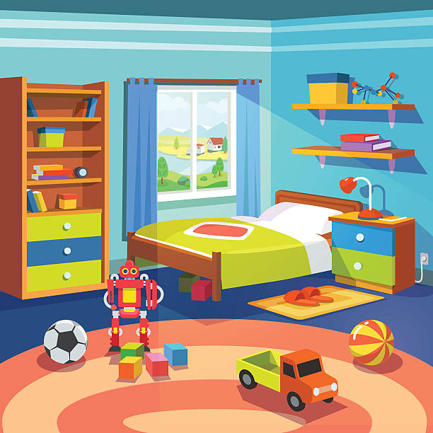 Boy room with bed, cupboard and toys on the floor Boy room with big window suffused with light. With bed, cupboard, shelves, and toys on the floor. Flat style cartoon vector illustration. camisetas fútbol stock illustrations