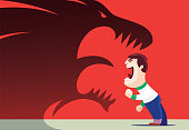 vector illustration of boy screaming and facing to roaring lion shadow