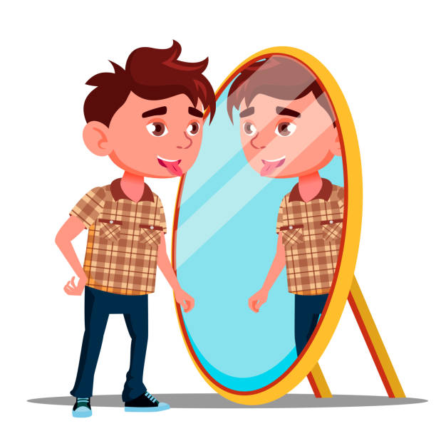 illustrations, cliparts, dessins animés et icônes de garçon montre la langue dans son reflet dans le miroir de vecteur. illustration isolée - homme miroir