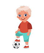 Boy soccer player posing put his foot on the ball. Cartoon character isolated on white background. Young soccer player in shorts. Flat design