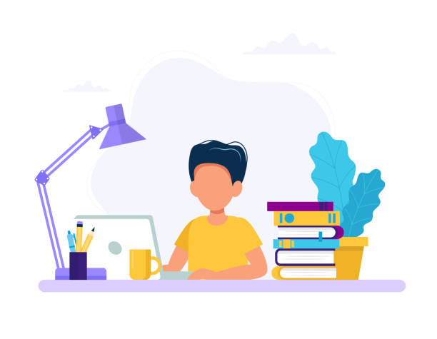Boy studying with computer and books. Back to school, online education concept vector illustration in flat style Vector illustration in flat style education illustrations stock illustrations