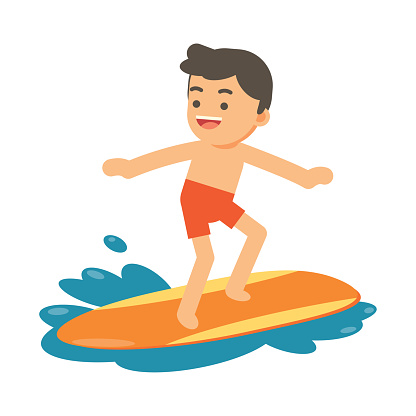 Boy surfing on a blue wave, Summer sports vacation concept, cute character illustration.