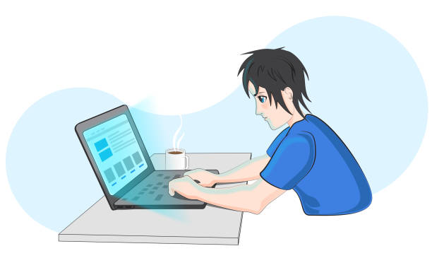 Boy surfing the Web vector art illustration