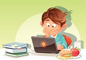 Illustration of a boy using a laptop. Beside him on the table are books, a glass of milk and a plate with a sandwich and an apple on it. Concept for children and computers, children and healthy food,... 