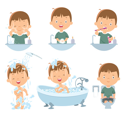 Boy washing face,  washing hands, Brushing Teeth, Bathing, Washing Hands After Toilet