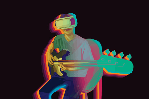 Boy watching the virtual reality with playing guitar