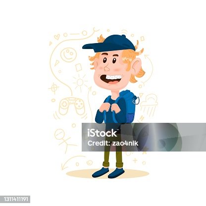 istock Boy with a backpack behind his back, flat cartoon character. 1311411191