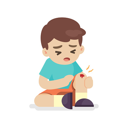 Boy with bruises on his leg, knee pain, vector illustration.