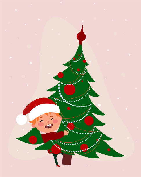 Boy with Christmas Tree vector art illustration