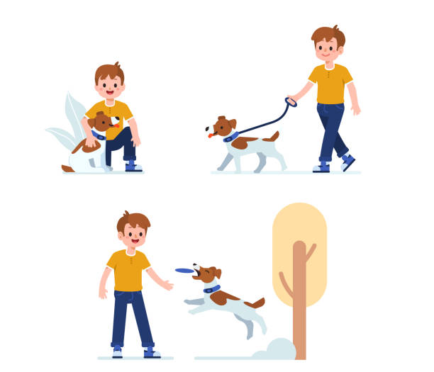 stockillustraties, clipart, cartoons en iconen met jongen met hond - hugging outside