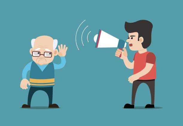 Boy with megaphone and hard of hearing old man. Concept for hearing loss. Young man shouting with megaphone at hearing impaired senior man. Concept for deafness, hearing impairment, hearing loss etc. Vector art on isolated background. old man crying stock illustrations