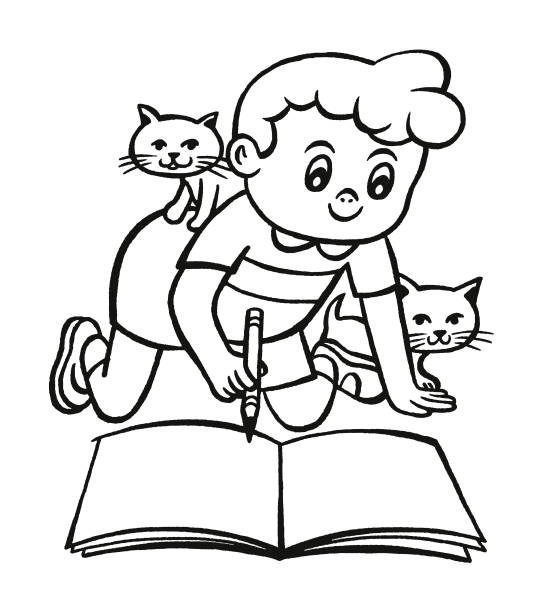 51 Homework Little Boys Black And White Book Illustrations Clip Art Istock