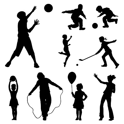 Boys and girls playing sport games, set of vector silhouettes.