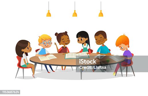 ᐈ Imagen de Niños y niñas sentados alrededor de una mesa redonda ...