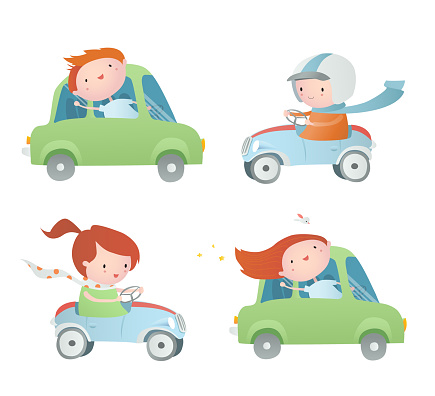 Boys and girls  who drive a car. Funny children.