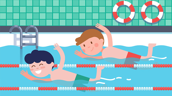 Boys athlete children swimming crawl style swim racing in competition. Indoor pool with ladder & lifebuoys. Happy kids swimmers cartoon characters championship. Sport training flat vector illustration