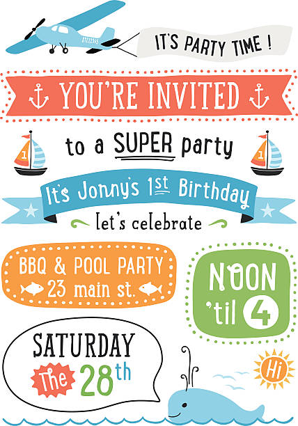 Boy's Birthday Party Invitation Boy's Birthday party invitation with summer icons.  AI10 file and hi res jpeg included, global colors used. Scroll down to see more of my illustrations linked below. airplane borders stock illustrations