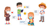 Boys girls kids in masks texting via tablet, cell phone, smart watch communicating during coronavirus pandemic lockdown. Children send chat messages. Communication technology. Flat style vector isolated illustration