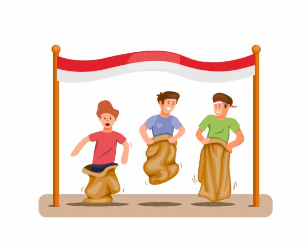男孩玩麻袋比賽慶祝印尼獨立日 17 八月概念在卡通插圖向量孤立在白色背景。 - 印尼文化 幅插畫檔、美工圖案、卡通及圖標