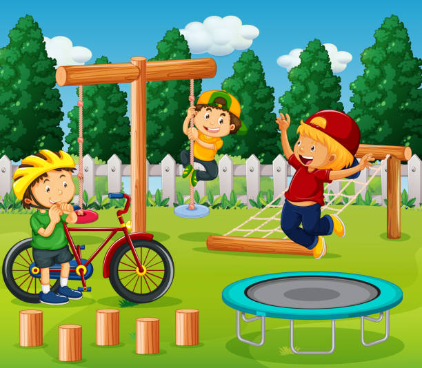 Boys playing at playground Boys playing at playground illustration clip art of kid jumping on trampoline stock illustrations