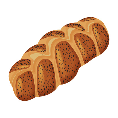 Braided bread with poppy seeds isolated. Vector homemade wicker pastry food, wheat bun. Challah - jewish traditional holiday bread. Vector illustration