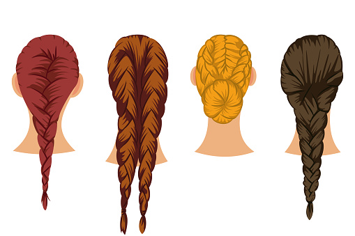 Braids hair vector cartoon set of female hairstyles isolated on white background.