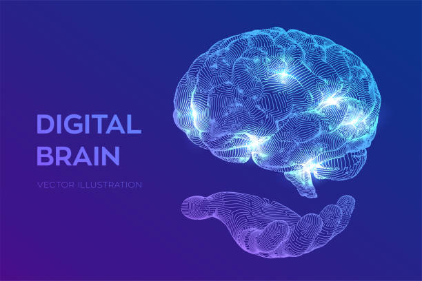 두뇌. 손에 디지털 두뇌. 3d 과학 및 기술 개념입니다. 신경망. iq 테스트, 인공 지능 가상 에뮬레이션 과학 기술. 브레인 스토밍 아이디어를 생각 합니다. 벡터 일러스트입니다. - brain stock illustrations