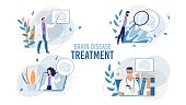 Brain Disease Determination and Treatment Set with Doctors at Work Scene. Neuropathologists, Therapists, Neurosurgeons Give Advice Online or at Appointment. Vector Cartoon Flat Illustration
