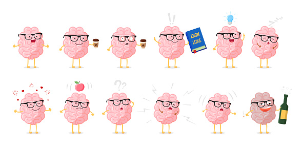 Brain emotions cartoon character set. Education and knowledge symbol. Human central nervous system healthy and sick organ funny collection. Vector illustration