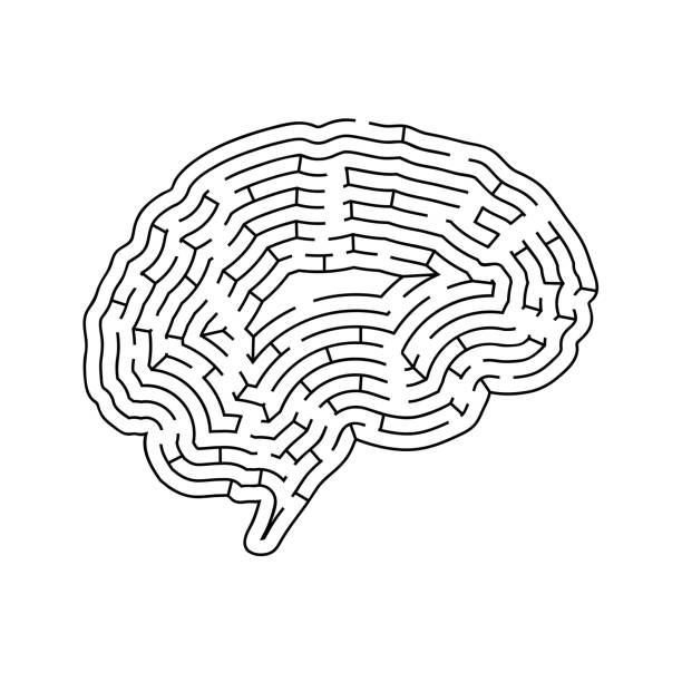 Brain shaped complicated maze, black silhouette isolated on white Brain shaped complicated maze, black silhouette on white maze silhouettes stock illustrations