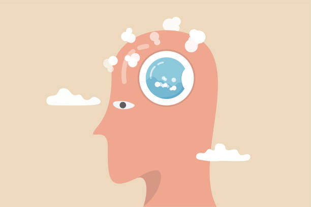 ilustrações de stock, clip art, desenhos animados e ícones de brain wash by medias or advertising information, make someone to believe, manipulate thought, control how people think concept, human head with washing machine in action to clean his brain. - change habits