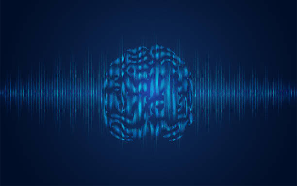 brain wave graphic of dotted brain combined with wave form pattern, concept of electrocardiogram technology electromagnetic stock illustrations