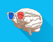 Monochrome retro engraving human brain with 3D stereoscopic red and cyan glasses illustration in perspective side view isolated on blue background
