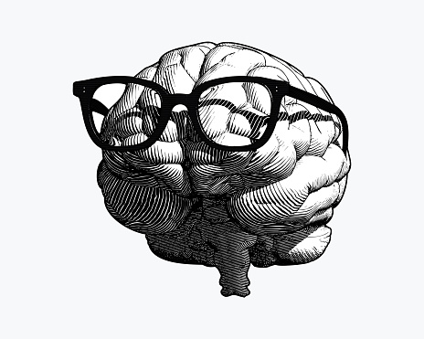Brain with glasses drawing illustration isolated on white BG