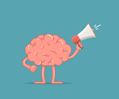 Brain with loudhailer. Concept clever advice from character brain. Mascot brain infographic icon. Vector illustration in flat style.