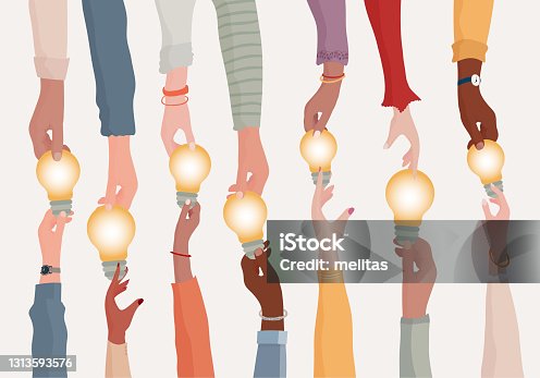 istock Brainstorming concept.Metaphor of diverse people proposing or sharing innovative ideas solutions and agreements.Collaborating colleagues or co-workers.Hands holding a light bulb.Teamwork 1313593576